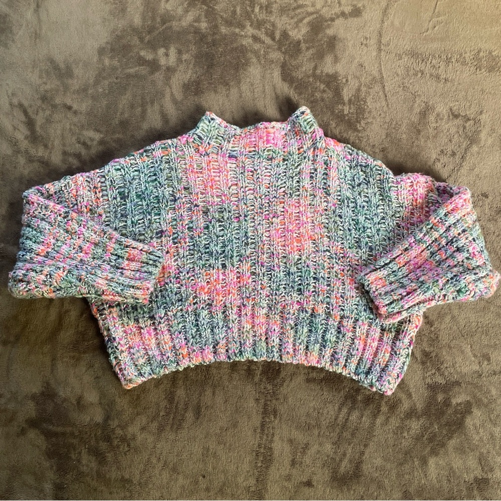 Free People Cable-Knit Chunky Cropped Sweater Rose Combo Crew Neck Pullover XS